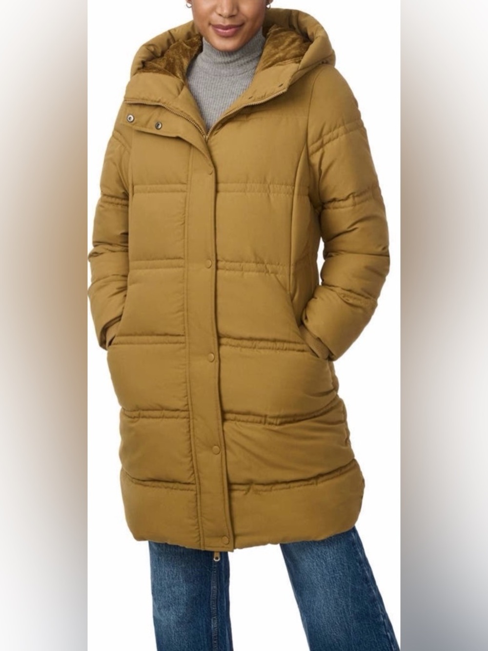 Bernardo Double Needle Stitch Gold Hooded Long Puffer Coat Alternative Fill NWOT